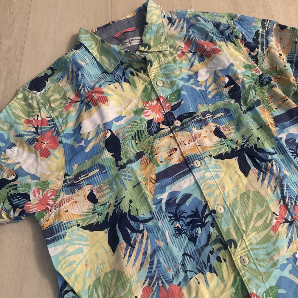 Tommy Bahama Shirt Mens Large Hawaiian Toucan Bird Veracruz Cay Lenzing Blue